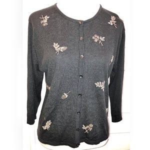 Kathie Lee Collection Beaded Black 3/4 Sleeve Cardigan, Sz M